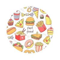 forma de círculo con comida rápida en estilo de garabato kawaii y texto. ilustración vectorial de imágenes prediseñadas de alimentos aislados. vector