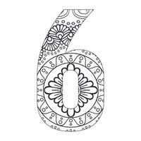 mandala number 6 coloring page with vector illustration Ornamental font