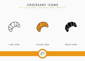 iconos de croissant establecer ilustración vectorial con estilo de línea de icono sólido. concepto de pan de media luna. icono de trazo editable en un fondo aislado para diseño web, interfaz de usuario y aplicación móvil vector