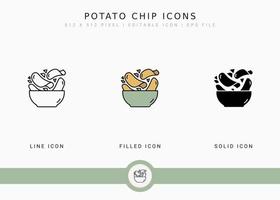 iconos de patatas fritas establecen ilustración vectorial con estilo de línea de icono sólido. concepto de bocadillo crujiente. icono de trazo editable en un fondo aislado para diseño web, interfaz de usuario y aplicación móvil vector