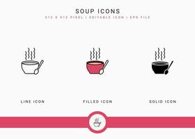 los iconos de sopa establecen una ilustración vectorial con un estilo de línea de icono sólido. concepto de tazón caliente. icono de trazo editable en un fondo aislado para diseño web, interfaz de usuario y aplicación móvil vector