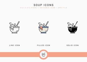 Soup icons set vector illustration with solid icon line style. Hot bowl concept. Editable stroke icon on isolated background for web design, user interface, and mobile application