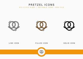 Pretzel icons set vector illustration with solid icon line style. Soft bretzel concept. Editable stroke icon on isolated background for web design, user interface, and mobile application