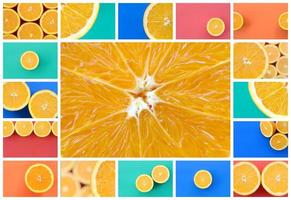 A collage of many pictures with juicy oranges. Set of images with fruits and different colors photo