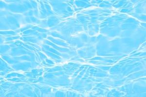 Defocus blurred transparent blue colored clear calm water surface texture with splash, bubble. Shining blue water ripple background. Surface of water in swimming pool. Blue bubble water shining. photo