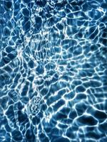 Defocus blurred transparent blue colored clear calm water surface texture with splashes and bubbles. Trendy abstract nature background. Water waves in sunlight with copy space. Blue watercolor shining photo