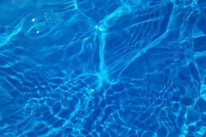 Defocus blurred transparent blue colored clear calm water surface texture with splash, bubble. Shining blue water ripple background. Surface of water in swimming pool. Blue bubble water shining. photo