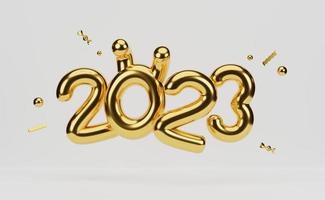feliz año nuevo 2023. número de metal dorado flotante. representación 3d foto