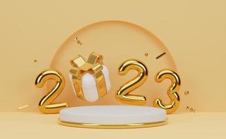 Happy New Year 2023. yellow background. 3D rendering photo
