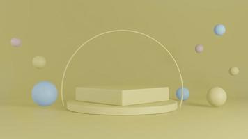 Yellow backdrop stage with circle and pastel bubble decoration in room. 3D render photo