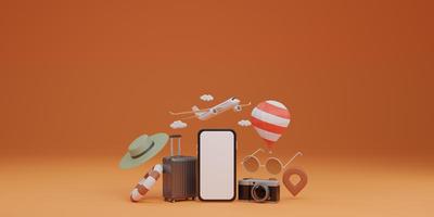 White screen mobile mockup with airplane, balloon, swimming rubber ring, luggage, sunglasses, hat and camera over orange background travel concept. 3d rendering photo