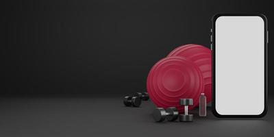 Metal dumbbell, red fit-ball and drinking water bottle with white screen mobile mockup. Equipment for fitness on black background. 3D Rendering photo