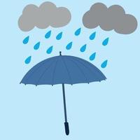 Blue umbrella with raindrops and gray clouds on a blue background. Card. Flat style. Vector. vector