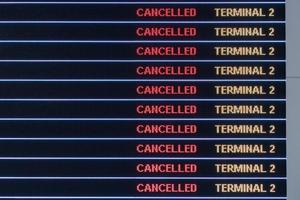 Flights cancellation status on flights information board in airport because coronavirus or pandemic effected. photo