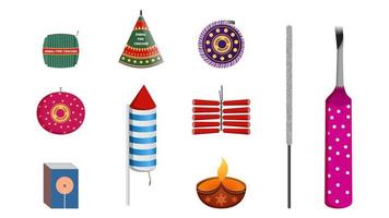 galletas de fuego diwali, diya y objetos vectoriales de caja de fósforos. vector