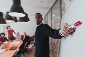 Leader give a business presentation at an office conference meeting, businessman coach mentor explains graph chart on board corporate group workshop training in boardroom. Selective focus photo