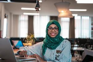 Business woman wearing a green hijab using laptop in relaxation area at modern open plan startup office. Selective focus photo