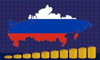 esquema del mapa de rusia con la imagen de la bandera del estado. delante de la tarjeta hay montones de monedas de rublo. vector