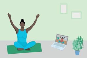 Online yoga class. A black girl watches an online yoga lesson on a laptop and trains at home. Faceless illustration, concept vector