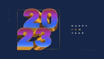 Happy New Year 2023 with Colorful and Gold 3D Numbers Isolated on Blue Background. New Year Design for Banner, Poster and Greeting Card vector