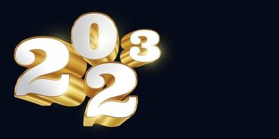 Happy New Year 2023 with White and Gold 3D Numbers Isolated on Black Background. New Year Design for Banner, Poster and Greeting Card vector