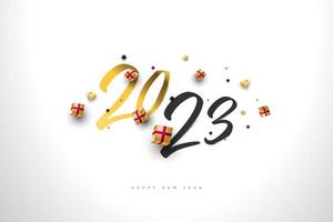 Happy New Year 2023 with Gold Numbers and Realistic Gift Box Isolated on White Background. New Year Design for Banner, Poster and Greeting Card vector