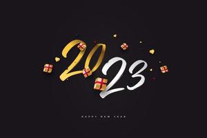 feliz año nuevo 2023 con números dorados y caja de regalo realista aislada en fondo negro. diseño de año nuevo para pancarta, afiche y tarjeta de felicitación vector