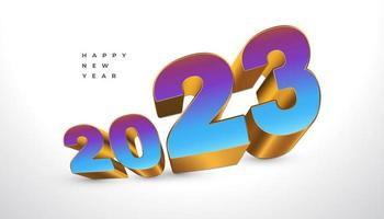 feliz año nuevo 2023 con números 3d coloridos y dorados aislados en fondo blanco. diseño de año nuevo para pancarta, afiche y tarjeta de felicitación vector