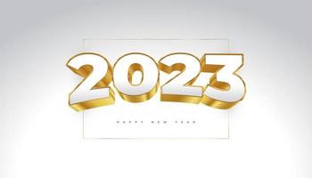 feliz año nuevo 2023 con números 3d blancos y dorados aislados en fondo blanco. diseño de año nuevo para pancarta, afiche y tarjeta de felicitación vector