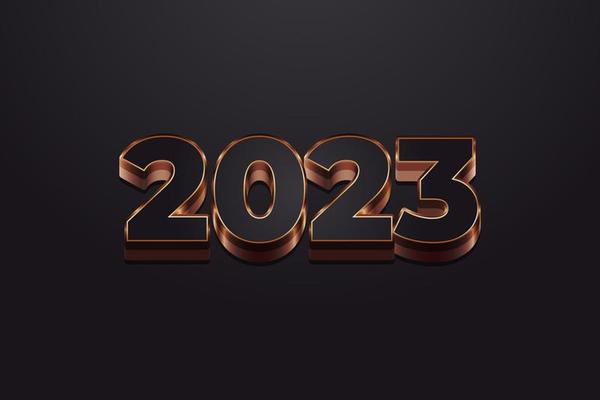Happy New Year 2023 with Black and Gold 3D Numbers Isolated on Black Background. New Year Design for Banner, Poster and Greeting Card