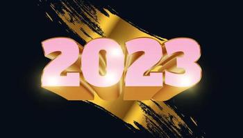 Happy New Year 2023 with Pink and Gold 3D Numbers Isolated on Gold Brush Background. New Year Design for Banner, Poster and Greeting Card vector