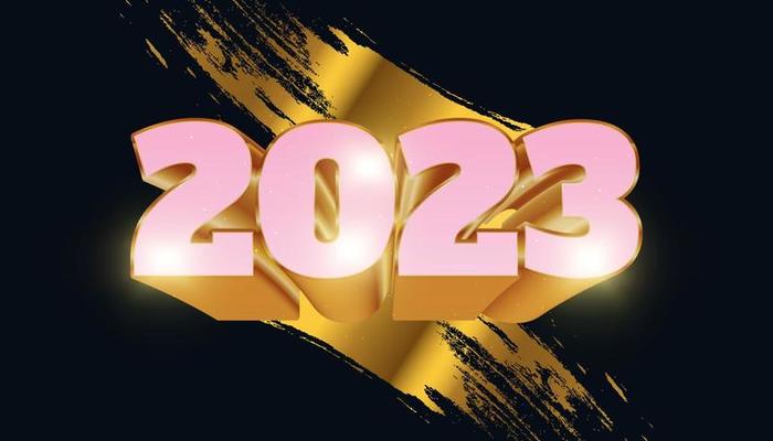 Happy New Year 2023 with Pink and Gold 3D Numbers Isolated on Gold Brush Background. New Year Design for Banner, Poster and Greeting Card