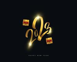 Happy New Year 2023 with Gold Numbers and Realistic Gift Box Isolated on Black Background. New Year Design for Banner, Poster and Greeting Card vector