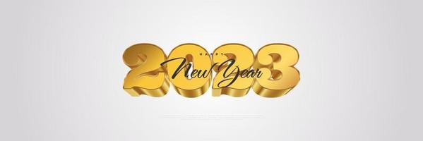 feliz año nuevo 2023 con números de oro 3d aislados en fondo blanco. diseño de año nuevo para pancarta, afiche y tarjeta de felicitación vector