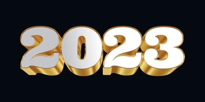 Happy New Year 2023 with White and Gold 3D Numbers Isolated on Black Background. New Year Design for Banner, Poster and Greeting Card vector