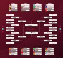 World Football 2022 playoff match schedule with groups and national flags. Tournament bracket. 2022 Football results table, participating to the final championship knockout. vector illustration