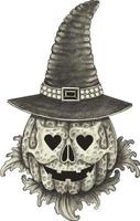 Art fancy pumpkin witch skull halloween day. Hand drawing and make graphic vector. vector