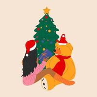 la niña se sienta con un oso de peluche cerca del árbol de navidad. vector en estilo de dibujos animados. todos los elementos están aislados