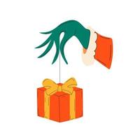 Grinch's hand steals a Christmas present. Vector on isolated background, icon vector, clip art vector, hand drawn