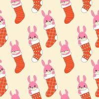 Seamless pattern with  Draw character cute rabbits sleep in Christmas sock for Christmas day and new year.Draw doodle cartoon style. vector