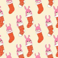 Seamless pattern with  Draw character cute rabbits sleep in Christmas sock for Christmas day and new year.Draw doodle cartoon style. vector