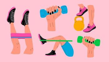 Set Fitness exercises with a rubber band, kettlebell, dumbbell.Sport revolution concept. Vector colorful illustration in cartoon style.