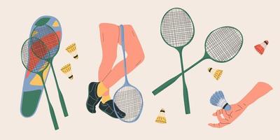 Set Badminton racket and shuttlecocks on white background. Equipments for badminton game sport. Vector illustration