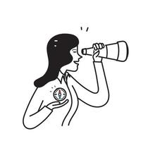 hand drawn doodle person using telescope and compass illustration vector