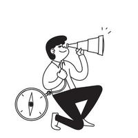 hand drawn doodle person using telescope and compass illustration vector