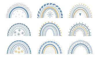 Cute winter magic rainbows with snowflakes on a white background. Sweet childlike drawing of an abstract Scandinavian colorful arch. Childrens flat vector illustration in doodle style.