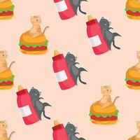 lindo gato y comida dibujos animados de patrones sin fisuras vector