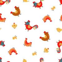 Seamless pattern with cute hen, rooster, chick. Farm in hand-drawn style. Design for fabric, textile, wallpaper, packaging. vector