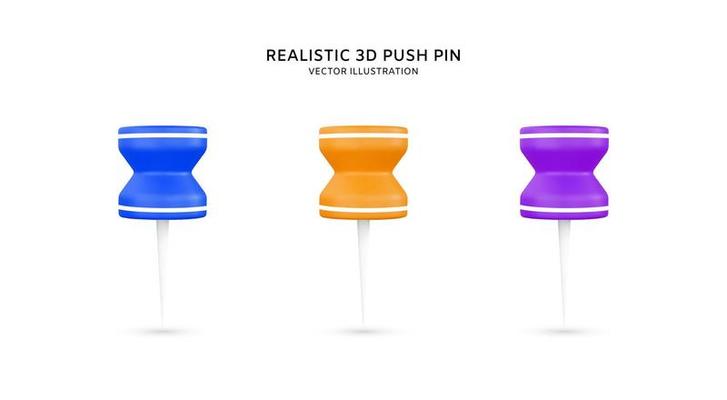 Realistic 3d push pins vector illustration