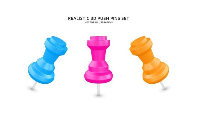 Realistic 3d push pins vector illustration